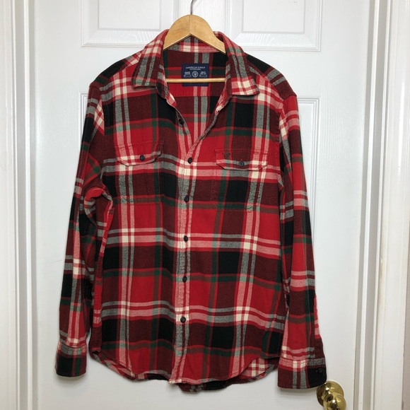 AEO Cotton Button Down Flannel Red Green Black Ivory Plaid Athletic Fit Shirt L - Picture 3 of 13